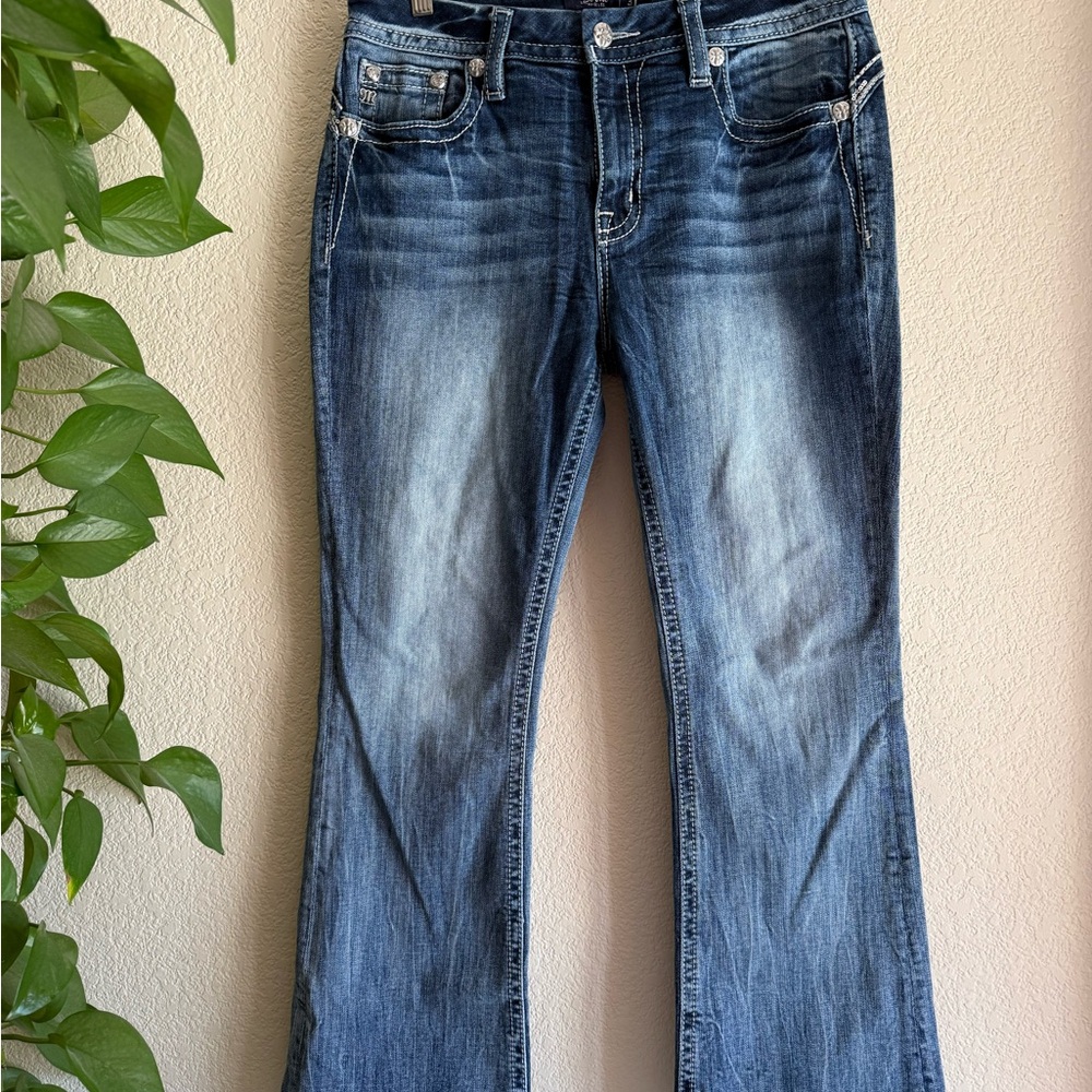 Miss Me Blue Denim Flare Jeans with Embroidered Cross Pockets